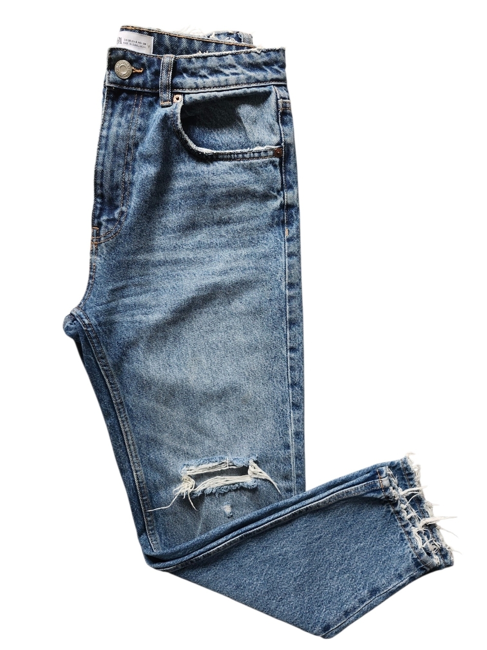 Zara Distressed Mom Jeans Women's Size 6 Blue High Rise Cropped Raw Hem Denim